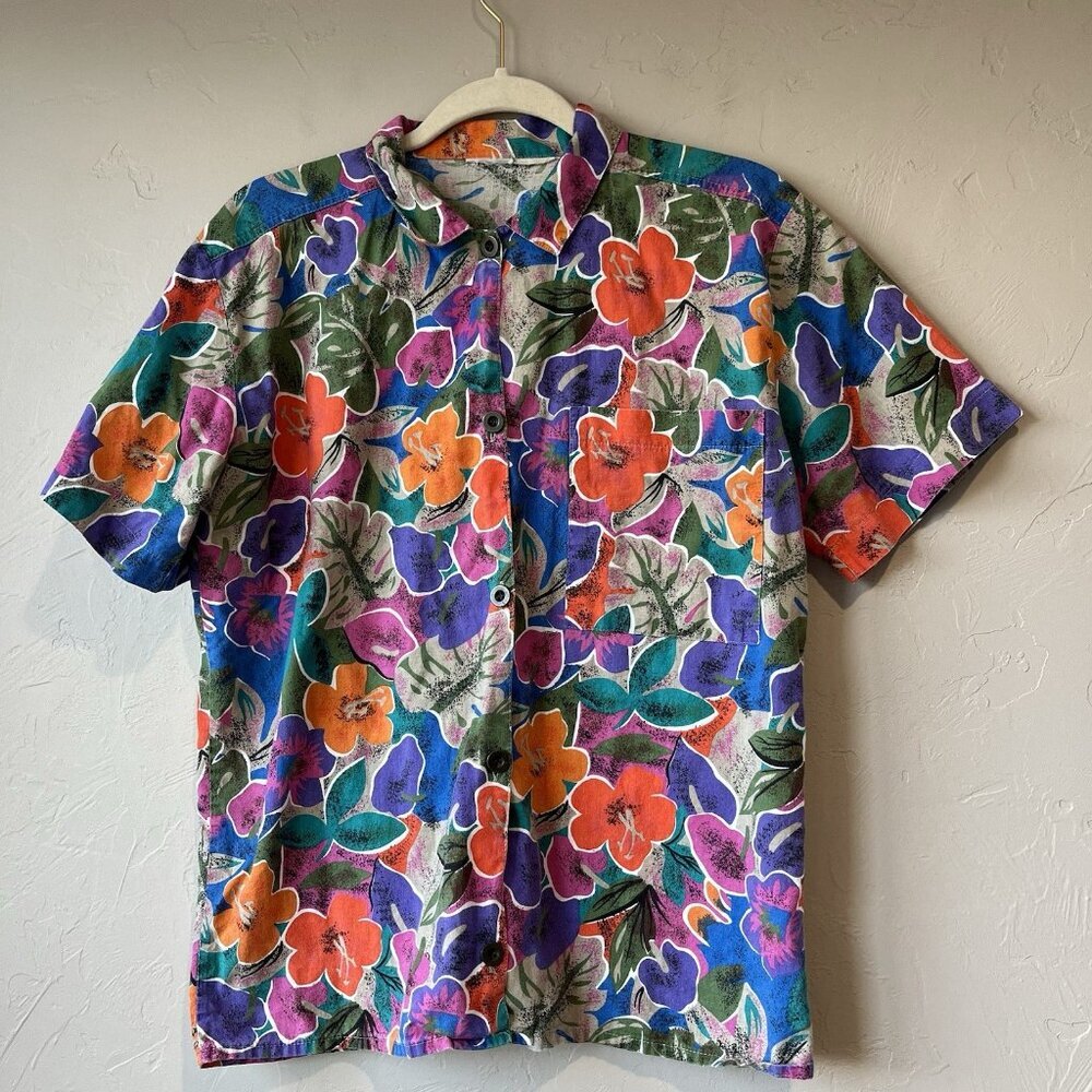 vintage hawaiian button up shirt‎ Bright Colorful Festival Preppy Small Hibiscus